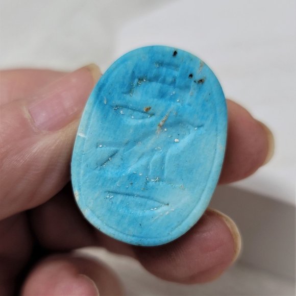 Vintage Clay Scarab Bead from Egypt Hieroglyphics Blue - Picture 8 of 9